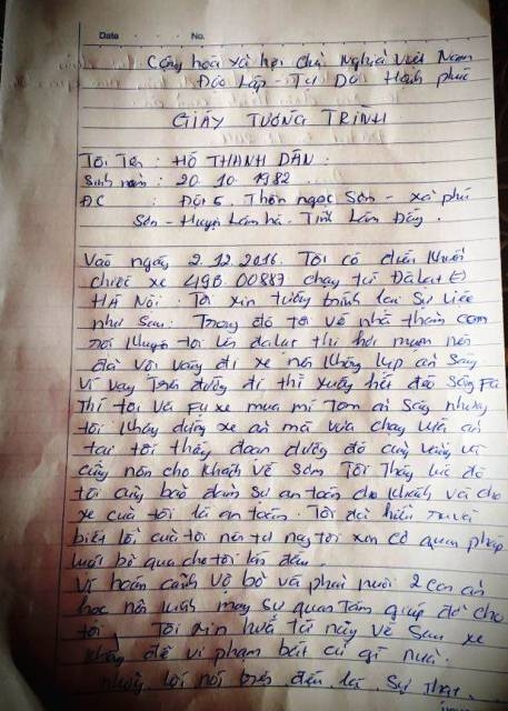 Bản tường tr&igrave;nh của t&agrave;i xế Hồ Thanh D&acirc;n.