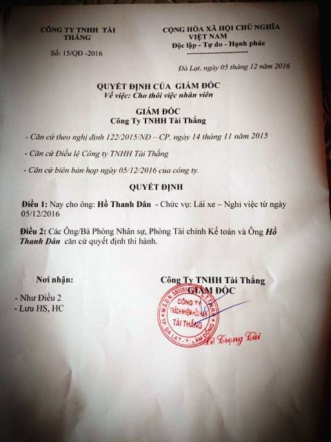 T&agrave;i xế Hồ Thanh D&acirc;n đ&atilde; bị buộc th&ocirc;i việc.