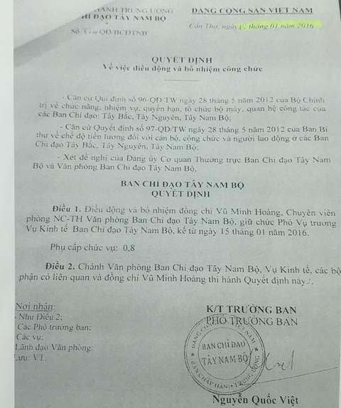 Quyết định bổ nhiệm chức Ph&oacute; Vụ trưởng đối với &ocirc;ng Vũ Minh Ho&agrave;ng được đ&aacute;nh gi&aacute; l&agrave; rất...