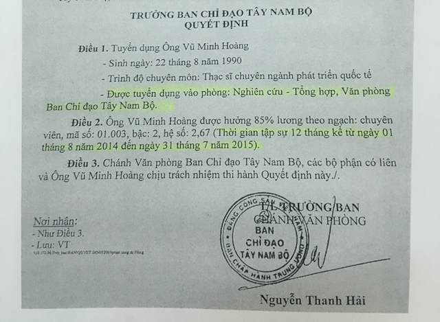 &Ocirc;ng Vũ Minh Ho&agrave;ng được nhận v&agrave;o l&agrave;m chuy&ecirc;n vi&ecirc;n tập sự ở Ban chỉ đạo T&acirc;y Nam Bộ ng&agrave;y 4/6/2014