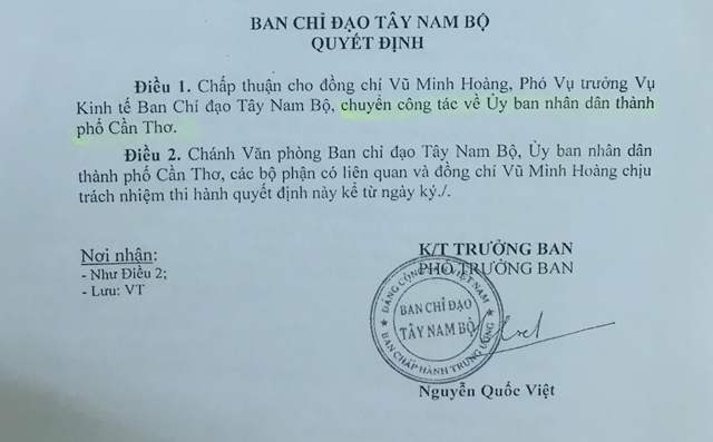 &Ocirc;ng Ho&agrave;ng được chuyển c&ocirc;ng t&aacute;c về UBND TP Cần Thơ từ ng&agrave;y 26/2/2016