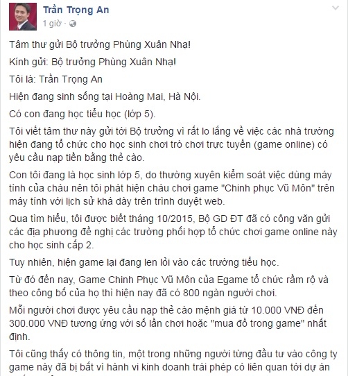 Bức t&acirc;m thư của vị phụ huynh gửi đến Bộ trưởng Ph&ugrave;ng Xu&acirc;n Nhạ. Ảnh: facebook Trần Trọng An.