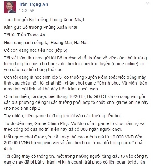 Bức t&acirc;m thư của vị phụ huynh gửi đến Bộ trưởng Ph&ugrave;ng Xu&acirc;n Nhạ. (Ảnh: facebook Trần Trọng An)