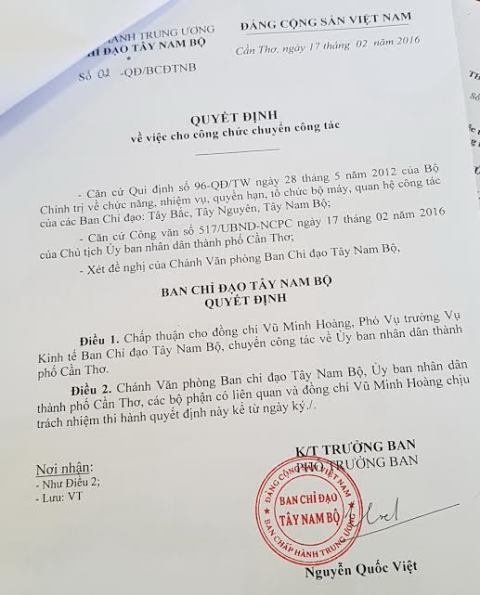 Quyết định chuyển &ocirc;ng Ho&agrave;ng qua UBND TP Cần Thơ c&ocirc;ng t&aacute;c chỉ sau 32 ng&agrave;y khi &ocirc;ng n&agrave;y được bổ nhiệm chức Ph&oacute; Vụ trưởng