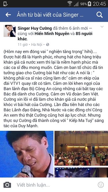 D&ograve;ng chia sẻ đầy cảm x&uacute;c của ca sĩ Huy Cường tr&ecirc;n trang Facebook c&aacute; nh&acirc;n.