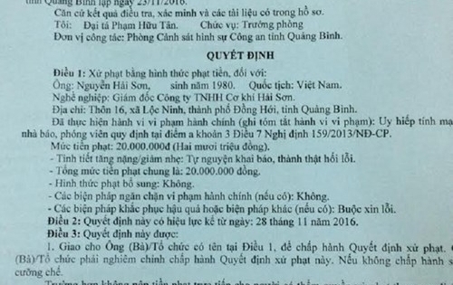 Quảng Bình: Xử phạt 20 triệu đồng giám đốc doanh nghiệp đe dọa nhà báo