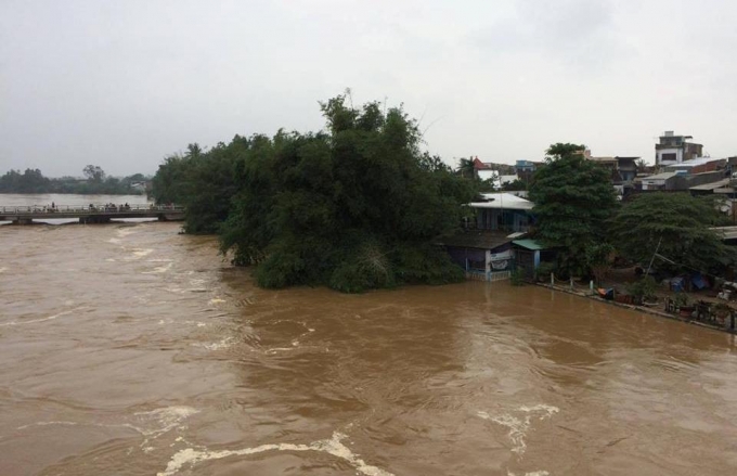 Nước lũ tr&ecirc;n s&ocirc;ng Vệ đ&atilde; vượt mức b&aacute;o động 3 khoảng 0,7m v&agrave; tr&agrave;n v&agrave;o nh&agrave; d&acirc;n ở 2 b&ecirc;n s&ocirc;ng.