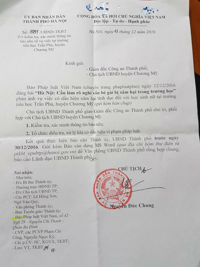 C&ocirc;ng văn số: 7091/UBND - TKBT của UBND TP H&agrave; Nội y&ecirc;u cầu c&aacute;c cơ quan chức năng li&ecirc;n quan v&agrave;o cuộc điều tra, l&agrave;m r&otilde; vụ việc.