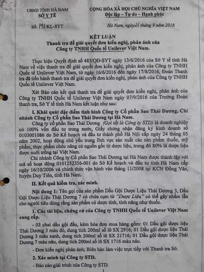 Kết luận của Sở Y tế H&agrave; Nam khẳng định sản phẩm Sao Th&aacute;i Dương 7 đảm bảo chất lượng.