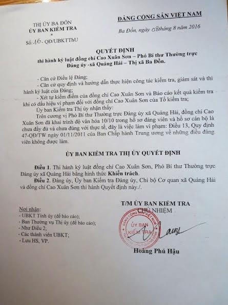 Quyết định kỷ luật đối với &ocirc;ng Sơn do Ủy ban Kiểm tra Thị ủy Ba Đồn ban h&agrave;nh.