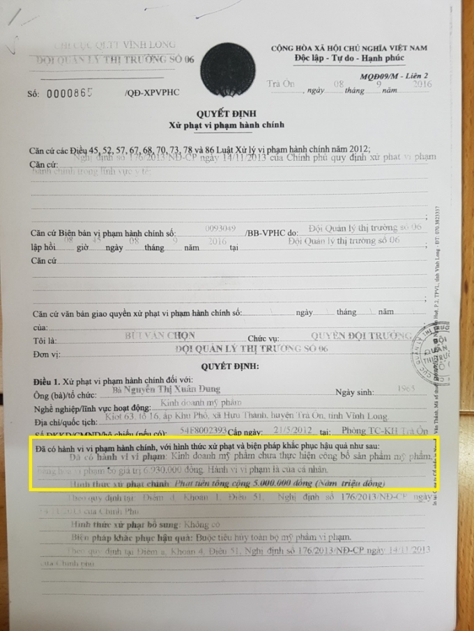 Mỹ phẩm đ&atilde; c&ocirc;ng bố đ&uacute;ng quy định vẫn bị xử phạt.