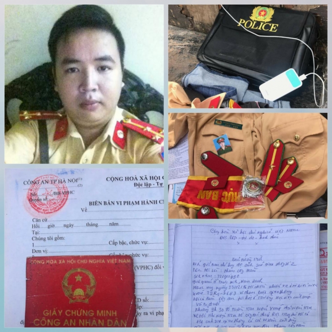 Phạm C&ocirc;ng Đo&agrave;n trong qu&acirc;n phục CSGT v&agrave; tang vật thu giữ tại cơ quan c&ocirc;ng an. Ảnh: CA cung cấp.