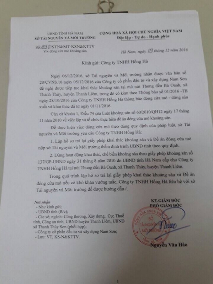 Văn bản mới nhất m&agrave; Sở TNMT H&agrave; Nam gửi tới C&ocirc;ng ty TNHH Hồng H&agrave;.