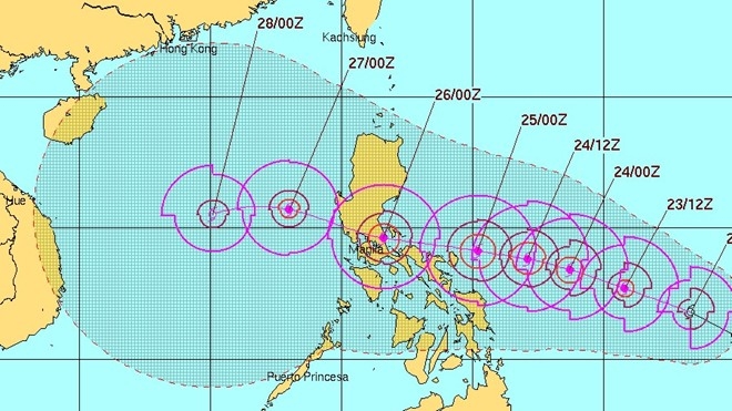 Hướng di chuyển của b&atilde;o Nock-ten từ ng&agrave;y 22 đến 27/12. Ảnh: vtc.vn