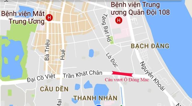 Vị tr&iacute; cầu vượt nhẹ tr&ecirc;n đường Trần Kh&aacute;t Ch&acirc;n, giao với phố L&ograve; Đ&uacute;c.