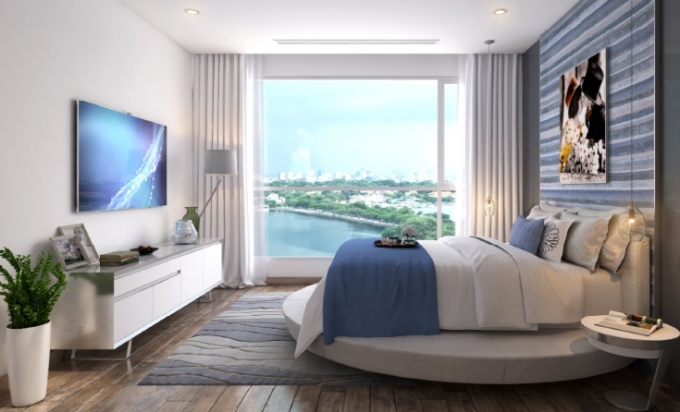 Minh họa nội thất căn hộ Vinhomes Skylake với m&agrave;u xanh dịu m&aacute;t, thời thượng.