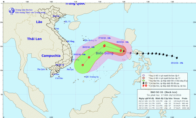 Dự b&aacute;o hướng đi của cơn b&atilde;o Nock-ten. Ảnh: nchmf.gov.vn