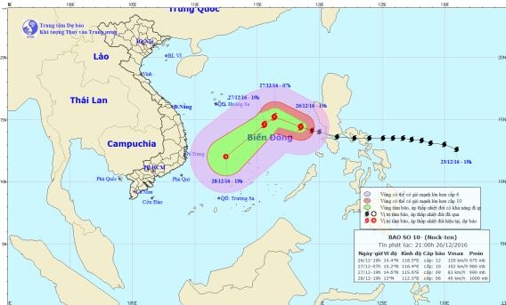 Vị tr&iacute; v&agrave; hướng di chuyển của cơn b&atilde;o số 10 tr&ecirc;n biển Đ&ocirc;ng.
