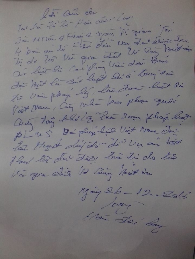 &Ocirc;ng H&agrave;n Đức Long viết thư tay cảm ơn luật sư, nh&agrave; b&aacute;o đ&atilde; đồng h&agrave;nh gi&uacute;p &ocirc;ng minh oan.