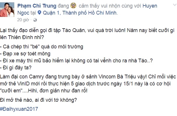 Nghệ sĩ Ch&iacute; Trung chia sẻ tr&ecirc;n trang c&aacute; nh&acirc;n về T&aacute;o Qu&acirc;n 2017.