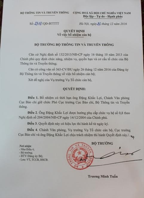 Quyết định bổ nhiệm&nbsp;&ocirc;ng Đặng Khắc Lợi giữ chức Ph&oacute; Cục trưởng Cục b&aacute;o ch&iacute;