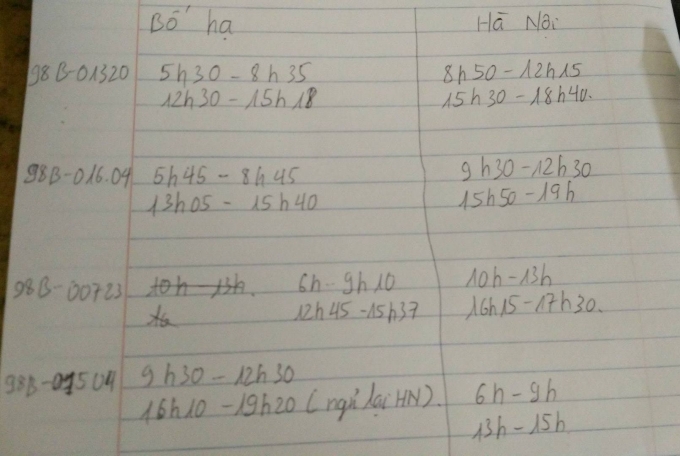 Bản ghi ch&eacute;p giờ đi, giờ về của ph&oacute;ng vi&ecirc;n đối với c&aacute;c xe chở kh&aacute;ch của nh&agrave; xe Năm Thủy chạy tuyến Bắc Giang - H&agrave; Nội