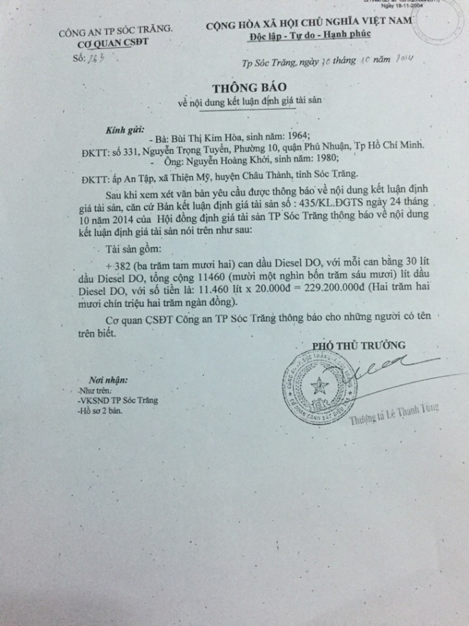 Quyết định số 26 của&nbsp;Cơ quan CSĐT C&ocirc;ng an TP S&oacute;c Trăng.