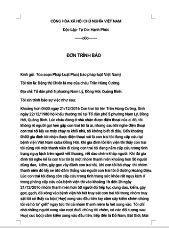 Đơn tr&igrave;nh b&aacute;o của b&agrave; Đặng Thị Chiến.