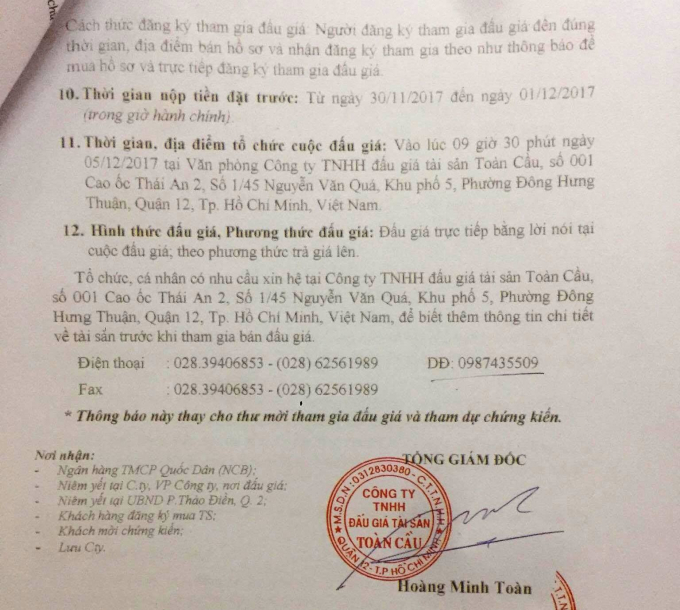 Đơn n&agrave;y được xem l&agrave; th&ocirc;ng b&aacute;o đấu gi&aacute; t&agrave;i sản cho biết thời gian v&agrave; địa điểm cụ thể.