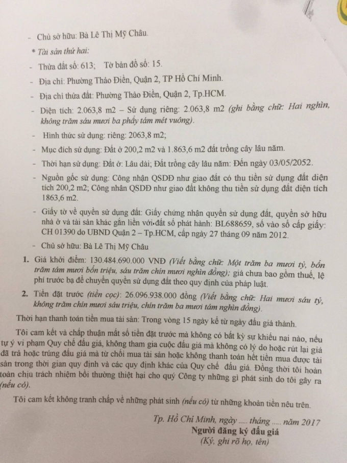 Hồ sơ đấu g&iacute;a n&agrave;y thể hiện chủ đất vẫn l&agrave; b&agrave; Ch&acirc;u.