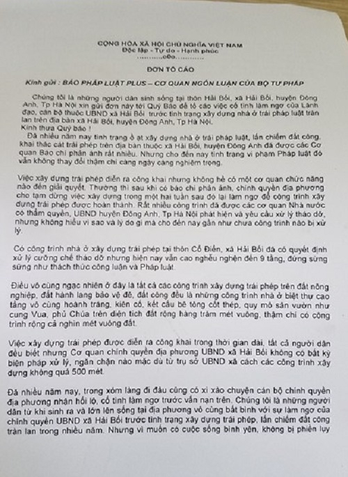 Đơn tố c&aacute;o của người d&acirc;n th&ocirc;n Hải Bối gửi t&ograve;a soạn Phapluatplus.vn.