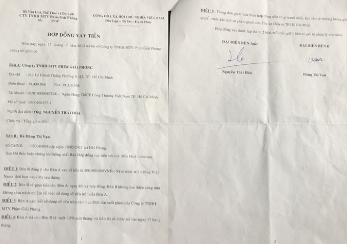 Hợp đồng vay tiền 500 triệu m&agrave; C&ocirc;ng ty cổ phần phim Giải Ph&oacute;ng k&iacute; với b&agrave; Vạn.