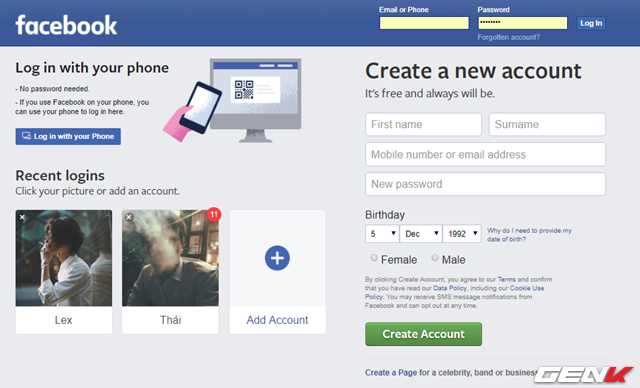 Bước 1:&nbsp;Khởi động tr&igrave;nh duyệt web v&agrave; truy cập v&agrave;o trang web Facebook, chuyển ng&ocirc;n ngữ hiển thị sang tiếng Anh. Khi đ&oacute;, lựa chọn &ldquo;Log in with your phone&rdquo; sẽ hiển thị.