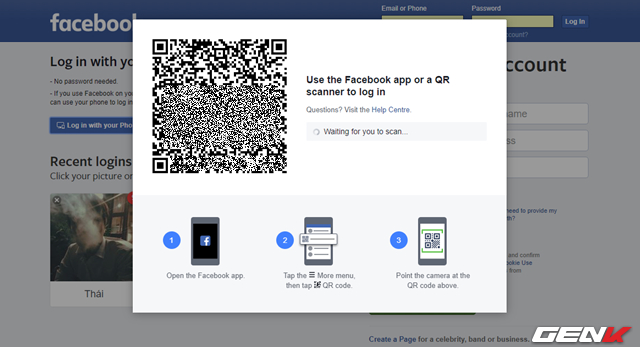 Bước 2:&nbsp;Nhấp v&agrave;o t&ugrave;y chọn &ldquo;Log in with your phone&rdquo;, cửa sổ k&egrave;m m&atilde; QR v&agrave; hướng dẫn thao t&aacute;c sẽ xuất hiện.