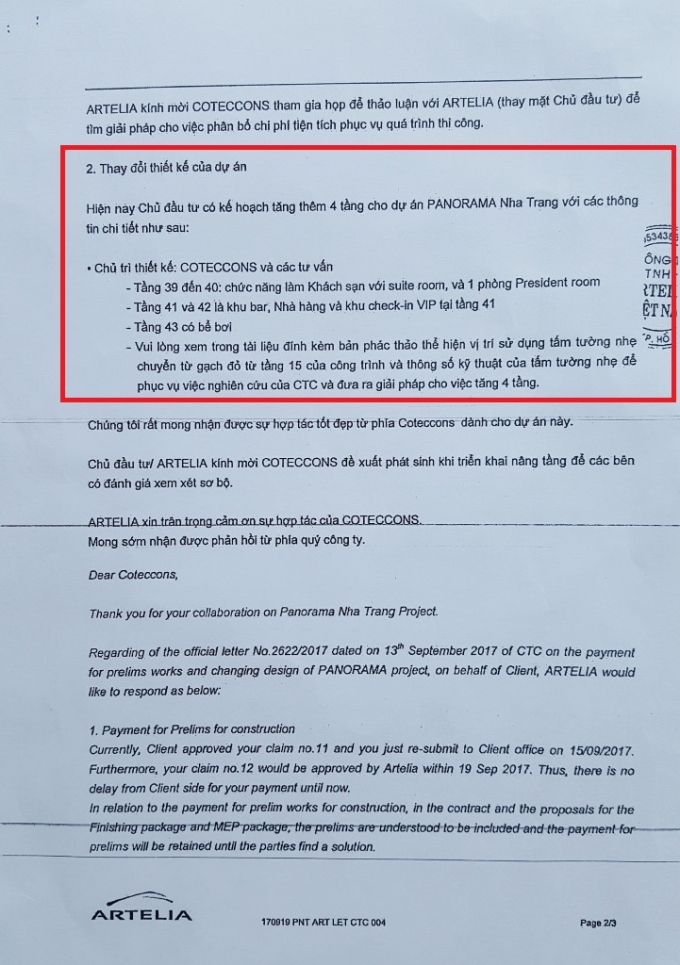Văn bản của Artelia c&oacute; nội dung li&ecirc;n quan việc thay đổi thiết kế, n&acirc;ng tầng