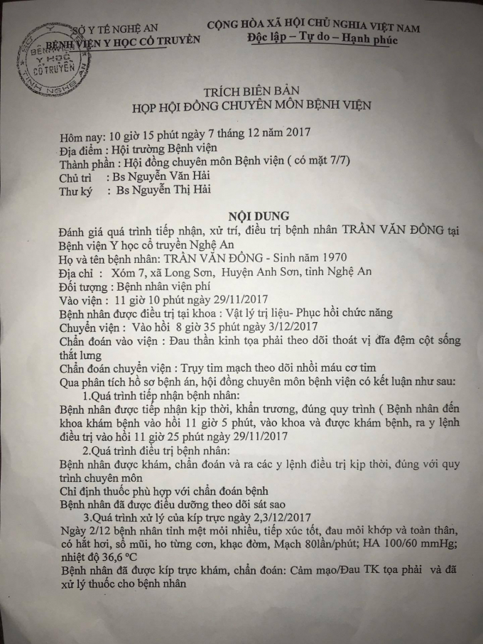 Bi&ecirc;n bản họp hội đồng chuy&ecirc;n m&ocirc;n đ&aacute;nh gi&aacute; k&iacute;p trực đ&atilde; tiếp nhận điều trị bệnh nh&acirc;n đ&uacute;ng quy tr&igrave;nh, kịp thời ...