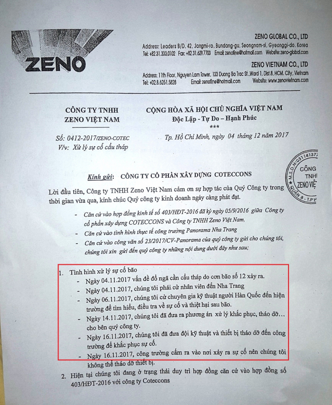 Văn bản của c&ocirc;ng ty Zeno cho thấy c&ocirc;ng t&aacute;c khắc phục sự cố đ&atilde; được lập kế hoạch nhanh ch&oacute;ng nhưng kh&ocirc;ng thể triển khai do bị ngăn cản