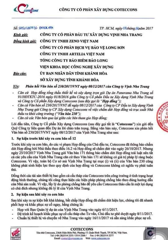 C&ocirc;ng văn phản hồi của Coteccons