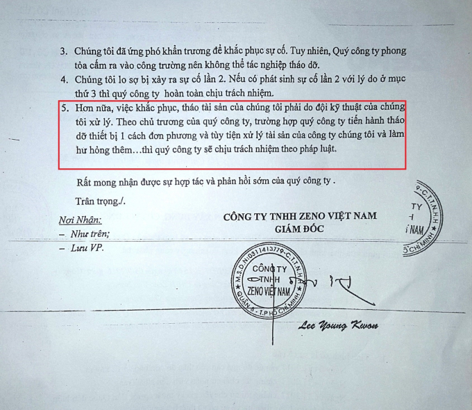 Văn bản của C&ocirc;ng ty Zeno khẳng định việc khắc phục, th&aacute;o dỡ 2 cẩu g&atilde;y phải do c&ocirc;ng ty n&agrave;y xử l&yacute;