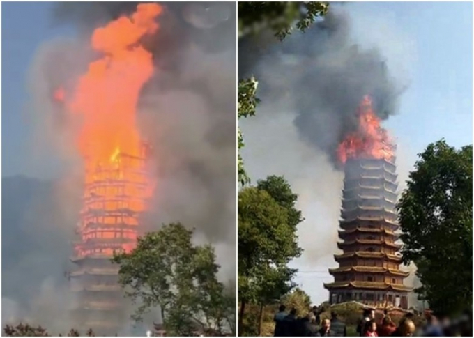 Th&aacute;p Linh Cung bốc ch&aacute;y dữ dội.