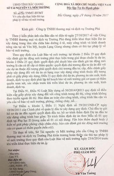 Một trong c&aacute;c văn bản Sở T&agrave;i nguy&ecirc;n v&agrave; M&ocirc;i trường tỉnh Bắc Giang viện dẫn luật thể hiện việc cấp ph&eacute;p x&acirc;y dựng cần ĐTM.
