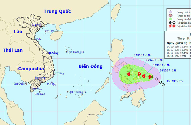 Vị tr&iacute; v&agrave; hướng di chuyển của b&atilde;o Kai-tak. (Ảnh: NCHMF).