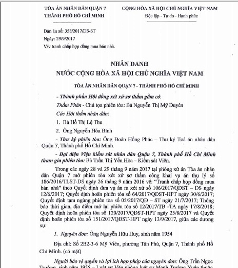 Bản &aacute;n của TAND quận 7 b&aacute;c đơn &ocirc;ng Huy.