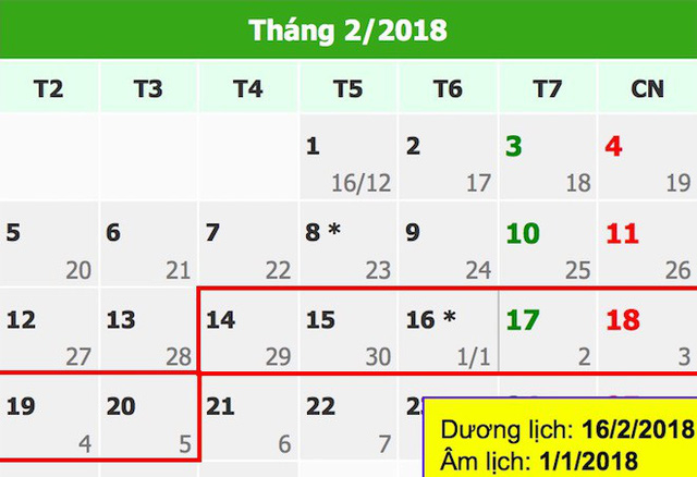 Lịch nghỉ Tết nguy&ecirc;n đ&aacute;n Mậu Tuất 2018.