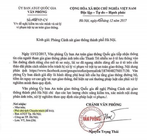 Văn bản y&ecirc;u cầu xử l&yacute; nghi&ecirc;m minh c&aacute;c đối tượng ngang nhi&ecirc;n th&aacute;o dải ph&acirc;n c&aacute;ch tr&ecirc;n cầu Thanh Tr&igrave; của Ủy ban ATGT Quốc gia.