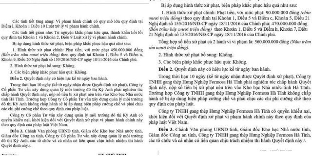 Quyết định xử phạt hai c&ocirc;ng ty của UBND tỉnh H&agrave; Tĩnh.