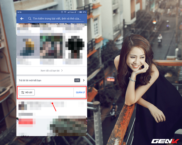 Tiến h&agrave;nh cập nhập ứng dụng Facebook của bạn l&ecirc;n phi&ecirc;n bản mới nhất v&agrave; truy cập v&agrave;o trang c&aacute; nh&acirc;n của m&igrave;nh. Khi đ&oacute; bạn sẽ thấy t&ugrave;y chọn &ldquo;Bộ Lọc&rdquo; xuất hiện. Ở đ&acirc;y bạn sẽ c&oacute; 2 thao t&aacute;c để sử dụng t&iacute;nh năng mới n&agrave;y, bao gồm &ldquo;BỘ LỌC&rdquo; v&agrave; &ldquo;QUẢN L&Yacute;&rdquo;.