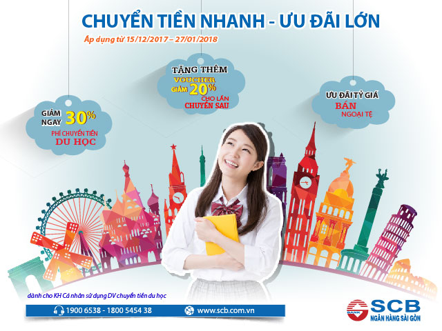 Ng&acirc;n h&agrave;ng SCB ưu đ&atilde;i lớn ph&iacute; chuyển tiền du học.