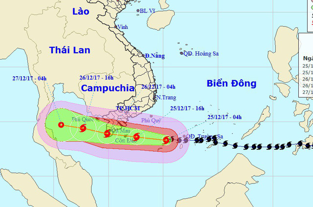 Vị tr&iacute; v&agrave; hướng di chuyển của b&atilde;o số 16. (Ảnh: NCHMF).