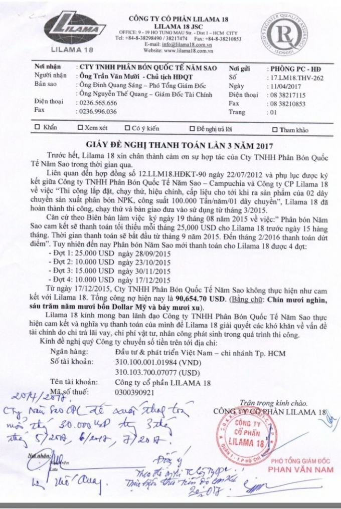 Chỉ t&iacute;nh ri&ecirc;ng từ đầu năm 2017 đến nay Lilama 18 đ&atilde; c&oacute; kh&ocirc;ng dưới 10 văn bản đề nghị thanh to&aacute;n
